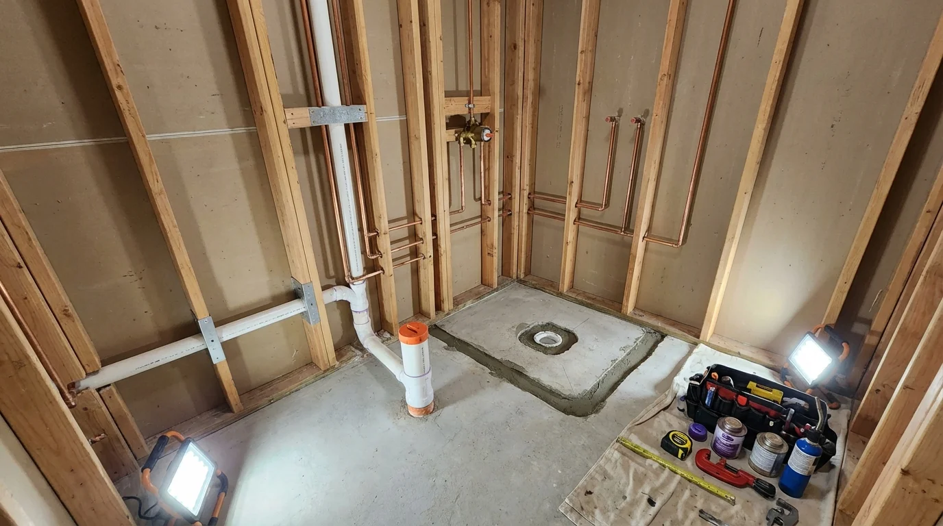 Bathroom rough-in plumbing during remodel by Johns Plumbing LLC in Camanche