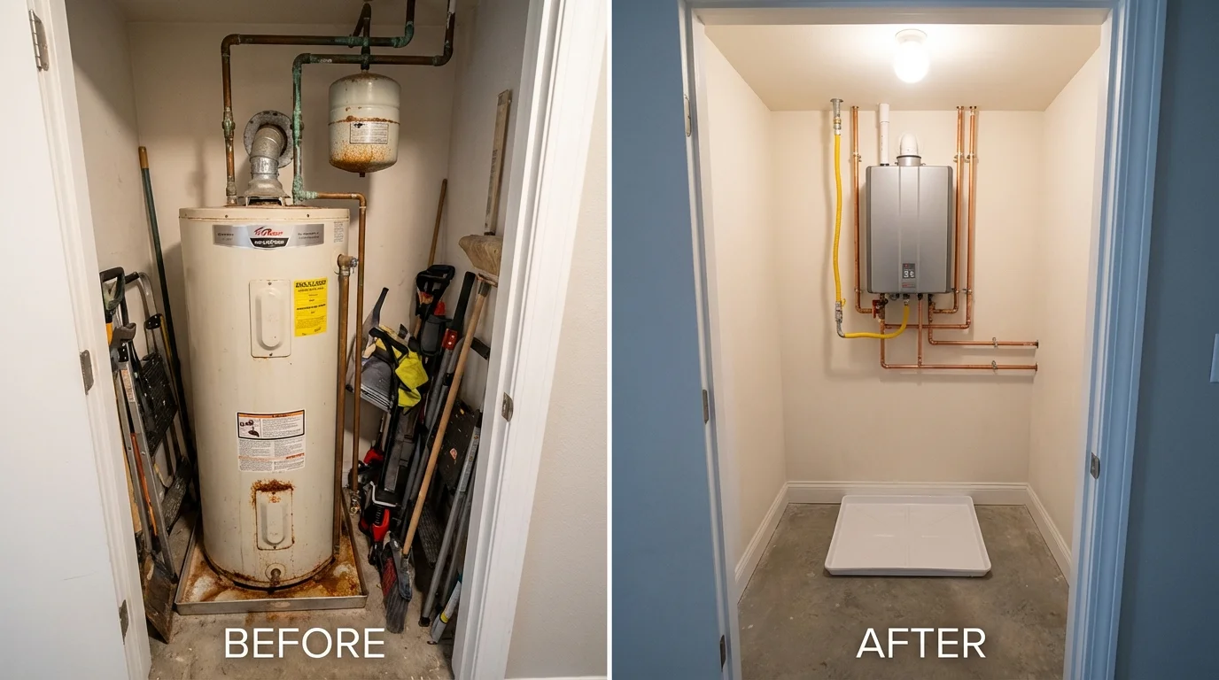 Tank water heater versus wall-mounted tankless unit comparison for Camanche, IA homeowners