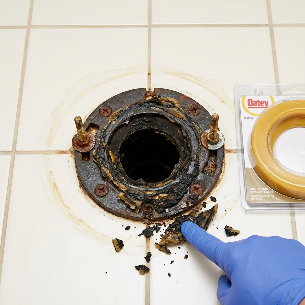 Failed wax ring showing water seepage at the base of a toilet in a Camanche, IA home
