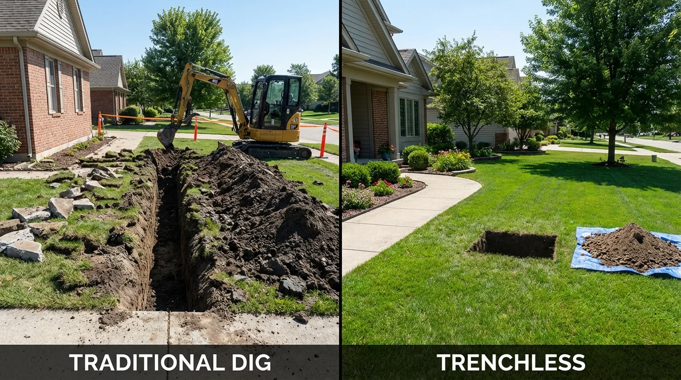 Trenchless sewer repair with minimal yard damage versus traditional excavation in Camanche, IA